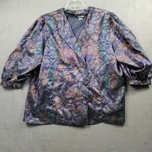 Vintage Satin Top Floral Size 20 Blazer Blouse Purple 80s Estrada Grandmacore